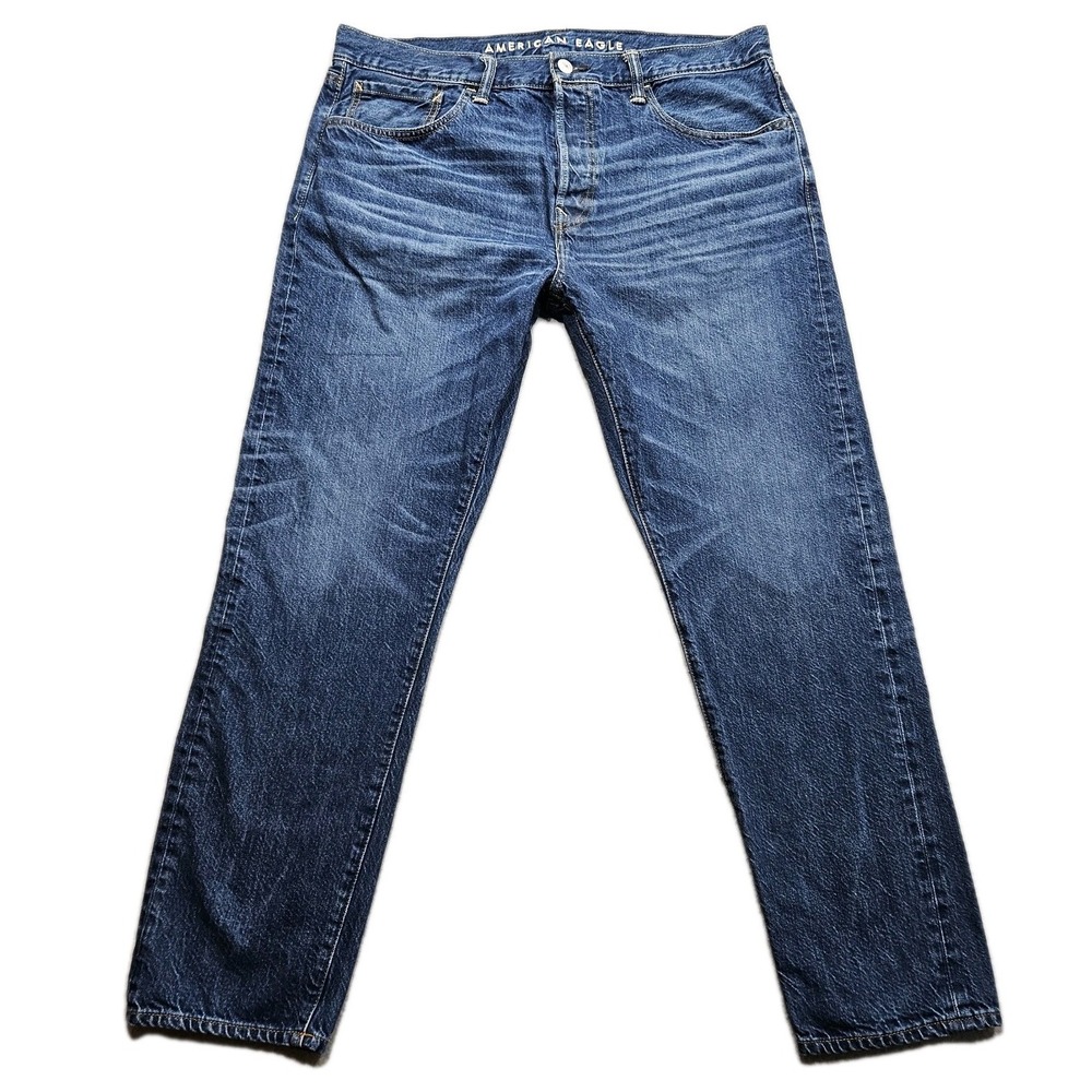 American Eagle Athletic Fit Jeans Mens 35x29 Blue Whisker Button Fly High Rise